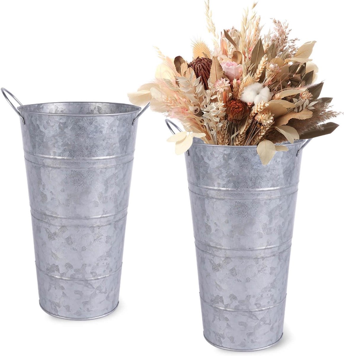 12 Inch Metal Vaas met Handvatten - 2 Stuks Metalen Bloemenvaas voor Boerderij Decoratie - Rustieke Metalen Emmer Plantenbakken voor Bruiloft - Zilverkleurig