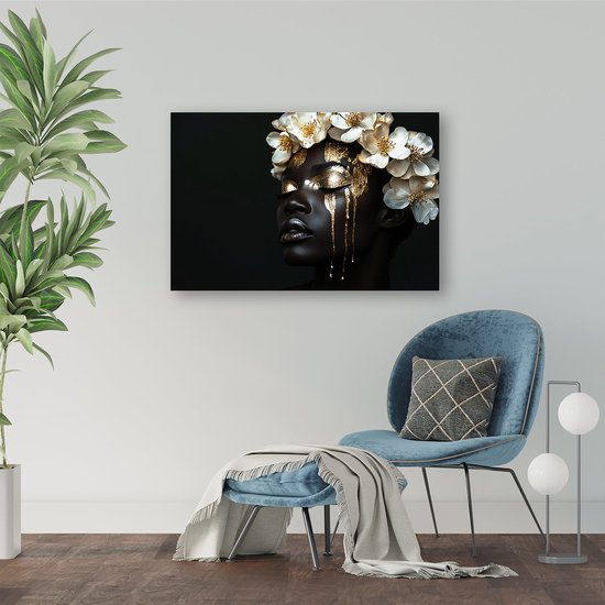 Femme à la peinture dorée et aux fleurs - Peintures sur verre élégantes - Peinture femme - Surréalisme - Peintures sur verre acrylique - Art mural - verre acrylique 105x70 cm