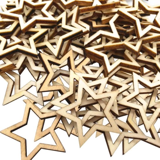 Allecto Plus - Houten Sterren en Schijven - 100 Stuks - Knutselen - Mini Ster Vorm Tags - Decoraties - Houten Decoratie