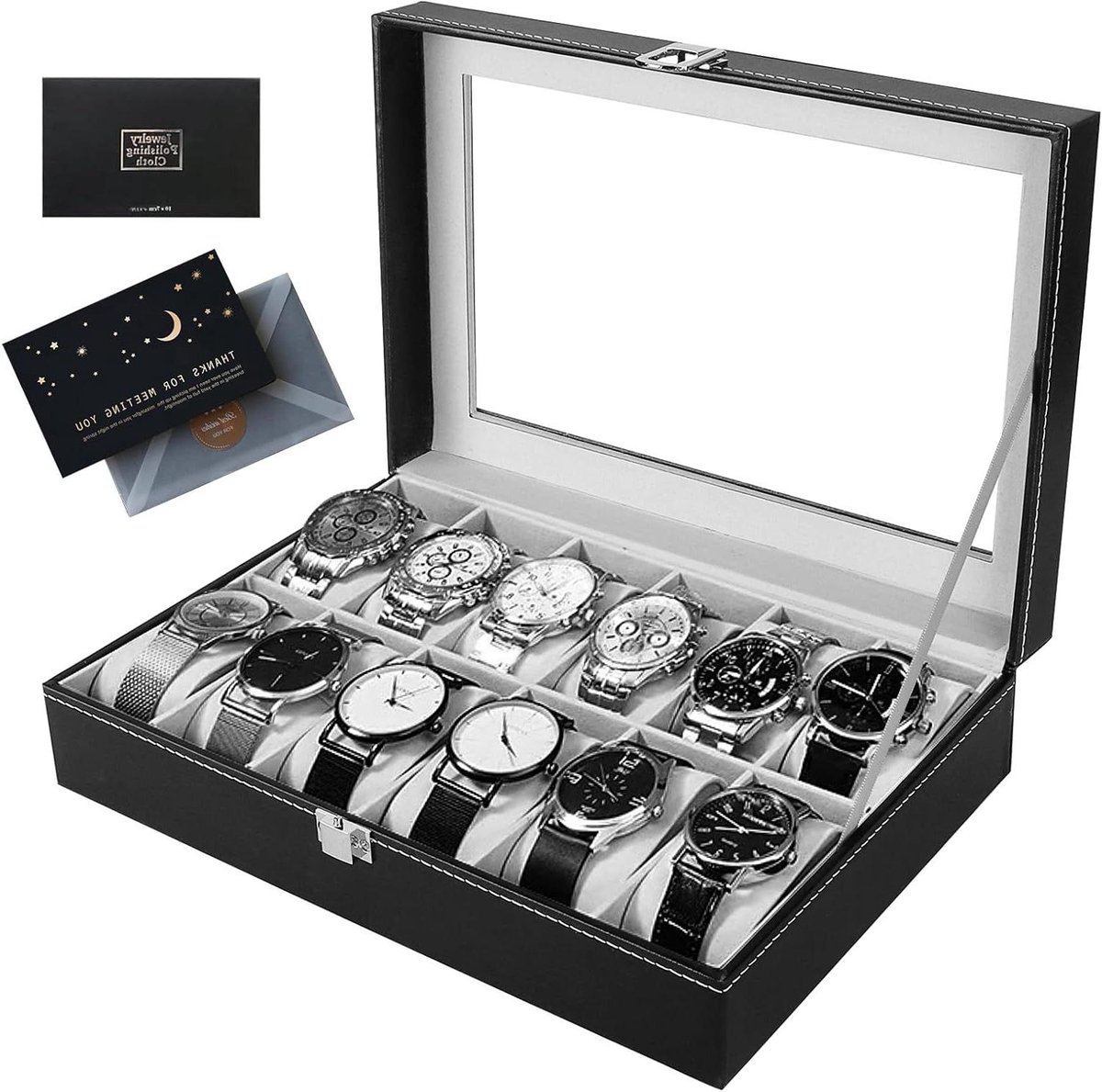 Allecto Plus - Horlogebox met 12 vakken en glazen deksel, cadeau-idee voor mannen en vrouwen, met afneembaar kussen en grijze voering.