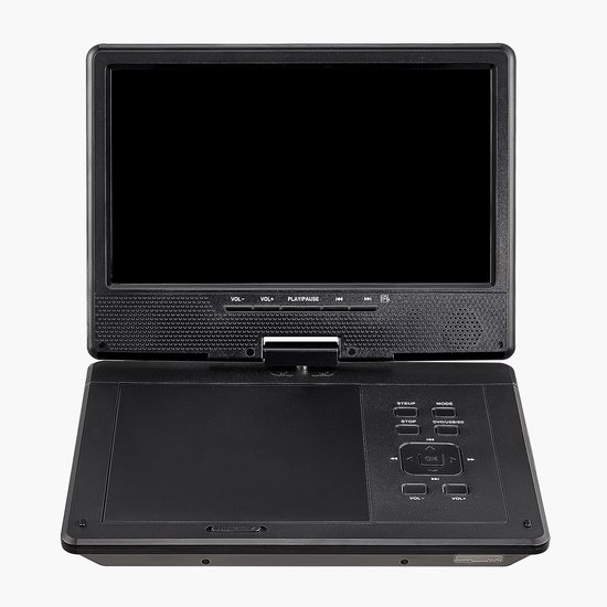 Lecteur DVD portable avec écran HD orientable (22,8 cm), autonomie de 4 heures, haut-parleurs intégrés, compatible avec synchronisation TV, USB, carte SD, CD/DVD, noir