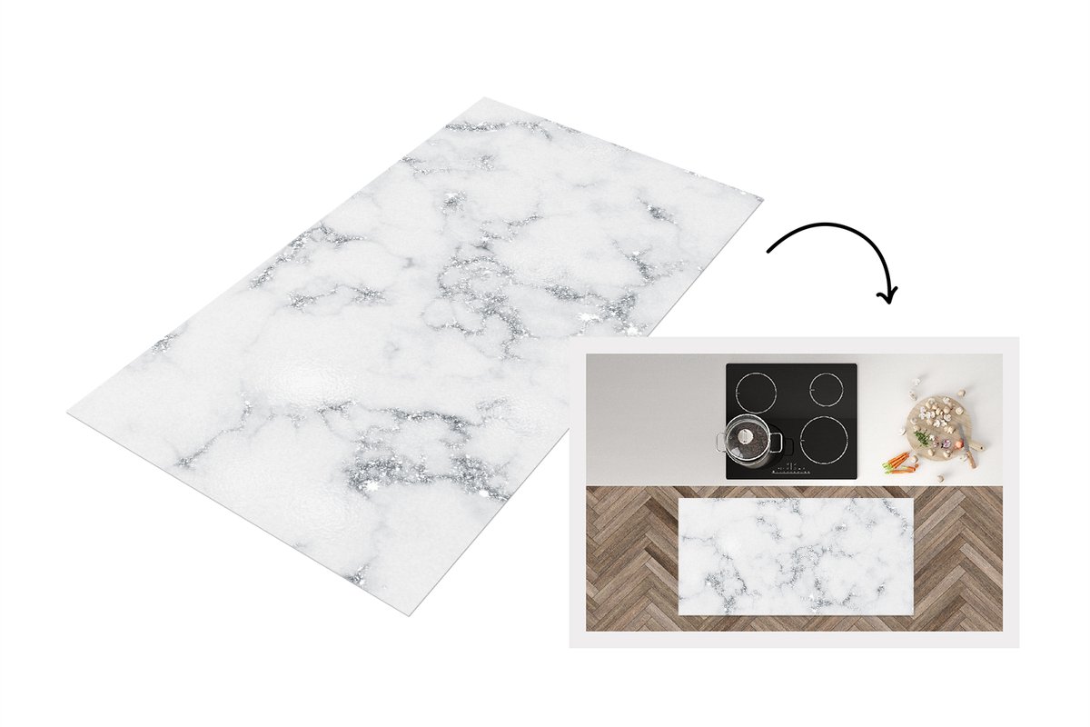 KitchenYeah Keukenloper 120x60 cm - Keukenmat vinyl Marmer - Wit - Zilver - Glitter - Marmerlook - Chique - Keukenmatten loper - Keuken vloerkleed tapijt Marmer - Grijs