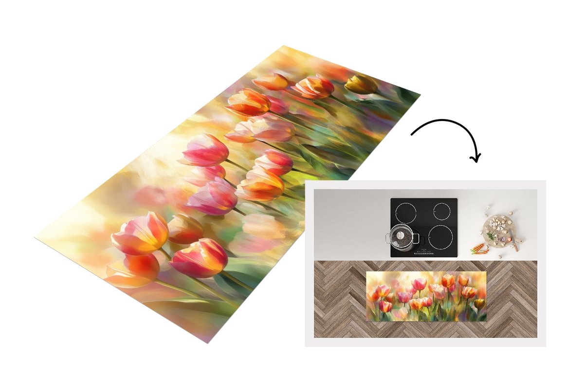 KitchenYeah Keukenloper 120x50 cm - Keukenmat vinyl Tulpen - Sprookjesachtig - Kleurrijk - Keukenmatten loper - Keuken vloerkleed tapijt Tulpen - Kleurrijk