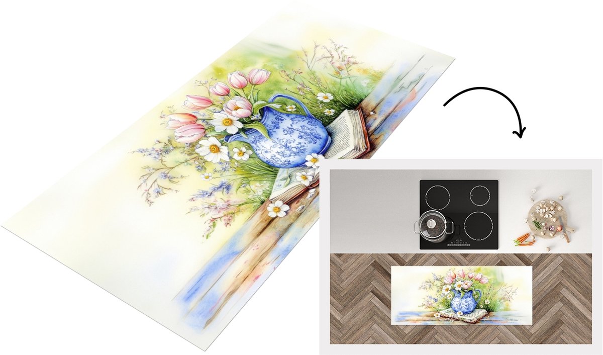 KitchenYeah Keukenloper 120x50 cm - Keukenmat vinyl Vaas - Delftsblauw - Madeliefjes - Keukenmatten loper - Keuken vloerkleed tapijt