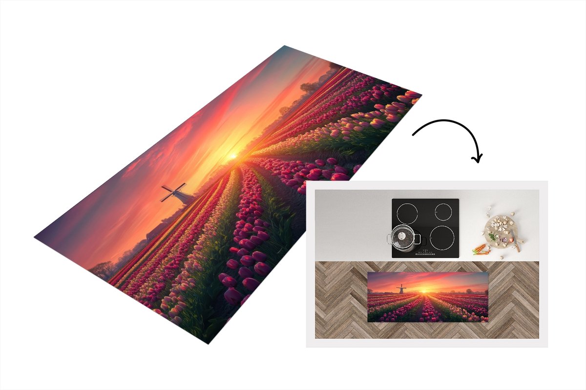KitchenYeah Keukenloper 120x50 cm - Keukenmat vinyl Windmolen - Zonsondergang - Landschap - Keukenmatten loper - Keuken vloerkleed tapijt Bloemen - Tulpen