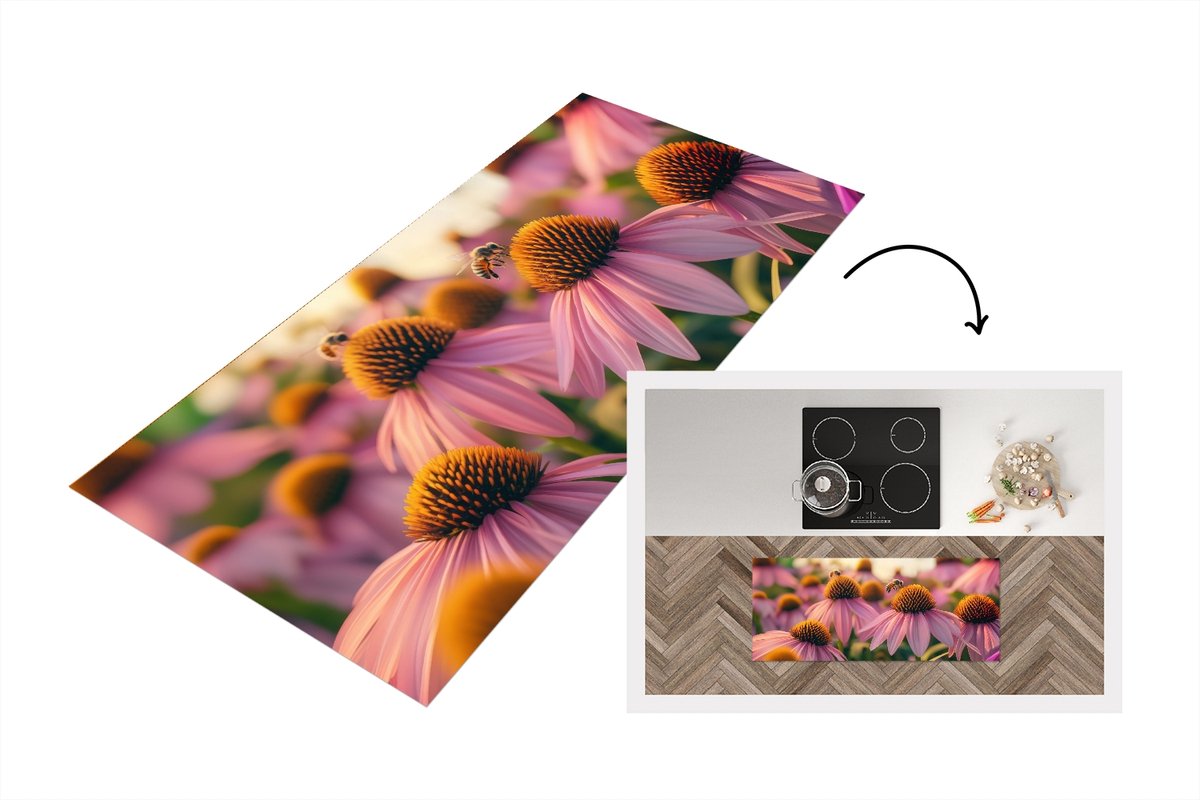 KitchenYeah Keukenloper 120x50 cm - Keukenmat vinyl Bloemen - Paars - Bijen - Keukenmatten loper - Keuken vloerkleed tapijt