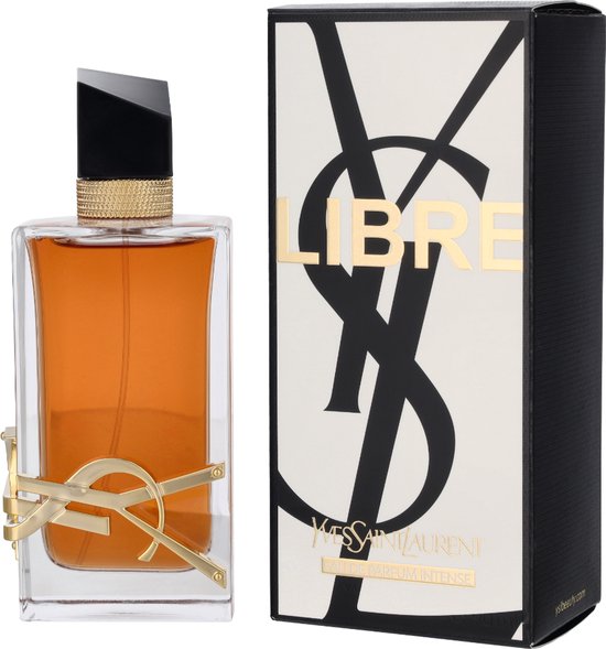 Yves Saint Laurent Libre Intense Eau de Parfum, amberkleurig met gouden YSL-logo, naast de zwart-witte verpakking met YSL-logo.