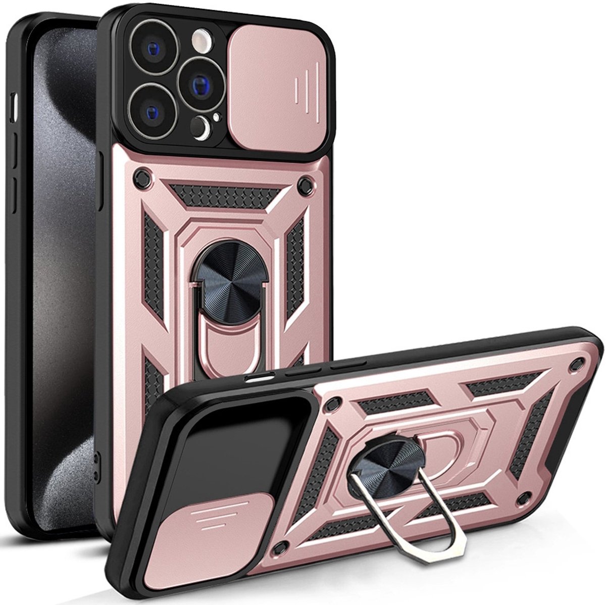 Hoesje geschikt voor iPhone 15 Pro Max met Ringhouder en Camera schuifje – Rosegoud