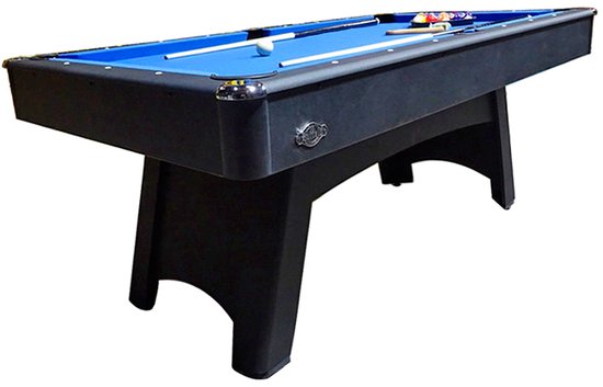 Table de billard Buffalo noire avec tapis bleu, photographiée en perspective.