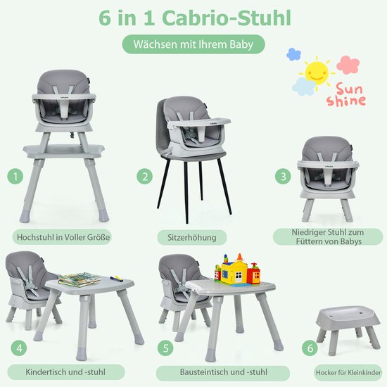 COSTWAY 6-in-1 babystoel, kinderstoel, eetstoel, leertafel, bouwsteentafel, kinderzitgroep, kinderstoel met veiligheidsgordel en afneembaar dienblad, babystoel, combikinderstoel, grijs van Merkloos — afbeelding 2