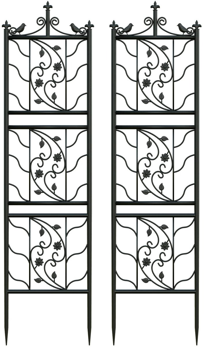 Set van 2 Metalen Tuin Trellissen – 50x195 cm Klimrek met Blad- en Vogelmotief – Trellis - Decoratief Klimplantenrek / Klimrooster voor Tuin, Schutting of Bloembak