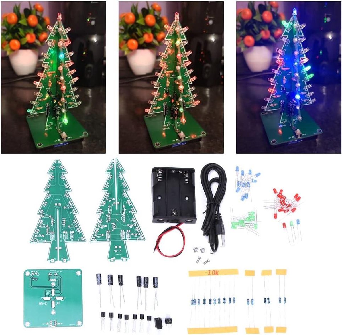 Kerstboom soldeerkit met knipperende rode, groene en gele LEDs