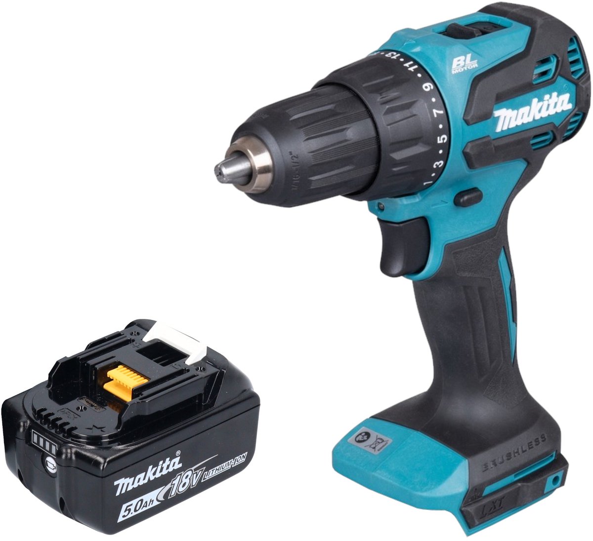 Makita DHP 490 T1 accu klopboormachine 18 V 65 Nm borstelloos + 1x oplaadbare accu 5.0 Ah - zonder oplader