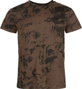 Bruin T-shirt met een all-over zwarte abstracte print.