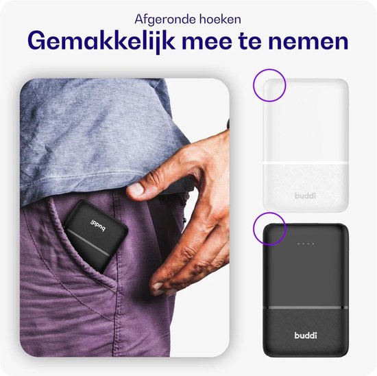 Buddi Go 5.000 mAh Powerbank Duo Pack - Reisformaat - Compact - Klein - Ultra Dun - 2.4A USB-C en USB-A - Universele Powerbank Geschikt voor Telefoon & Tablet - Ideaal voor handbagage - Wit