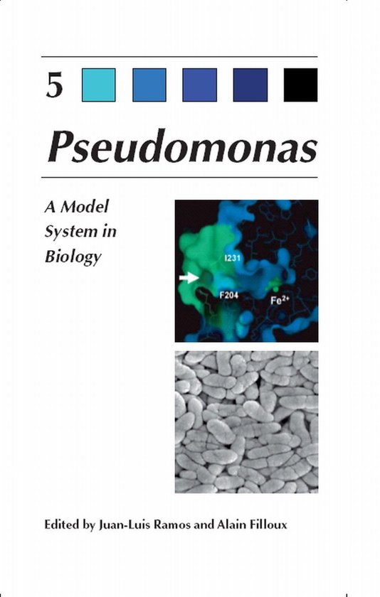 Boekcover met de titel "Pseudomonas". Bevat illustraties van moleculen en bacteriën.