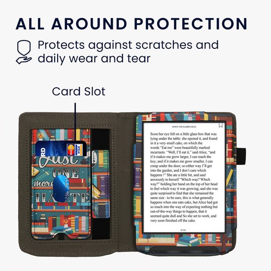 kwmobile e-reader hoesje geschikt voor Pocketbook Verse/Verse Lite/Pro/Color/Vivlio Light HD hoes - E reader flip case van kunstleer - Ereader cover met stand - bibliotheek design in meerkleurig — afbeelding 4