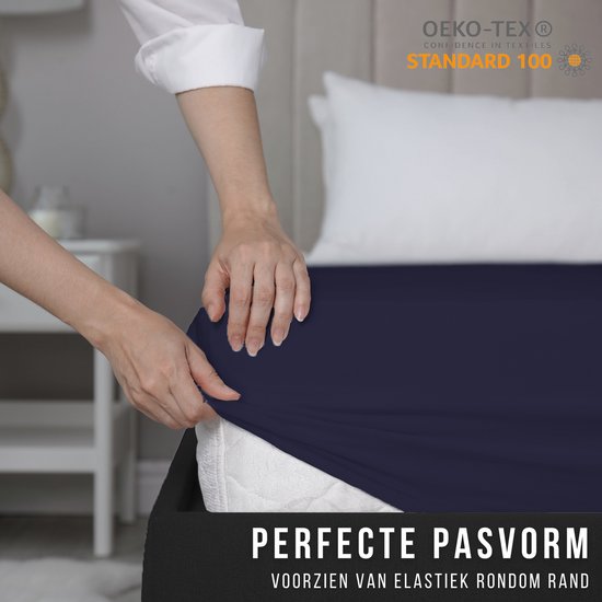 Droomtextiel Zacht Katoenen Hoeslaken Navy 140x200 cm - Hoge Hoek - Perfecte Pasvorm - Heerlijk Zacht