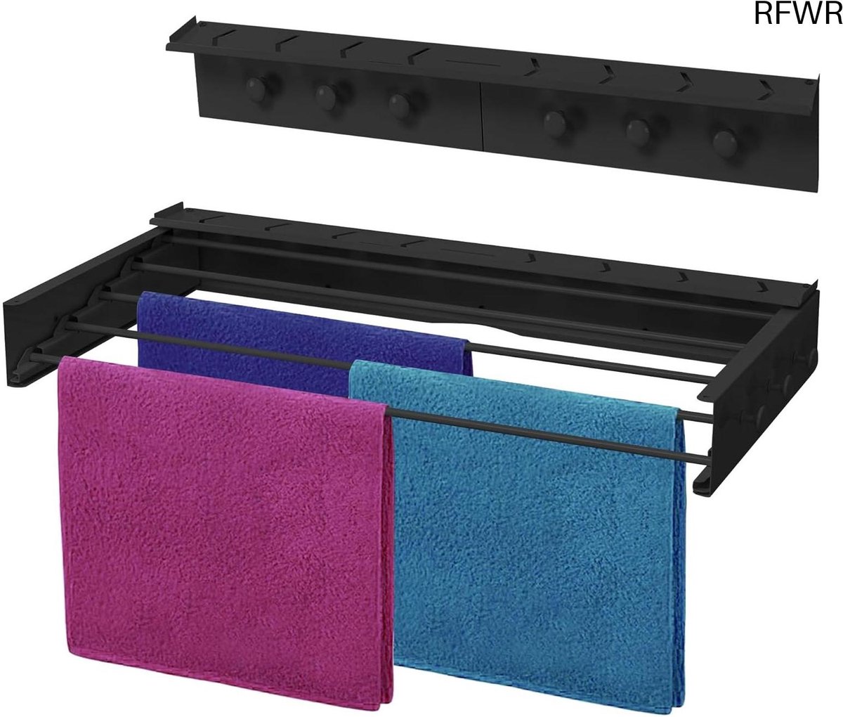 RFWR® Uitschuifbaar Wanddroogrek met Haken en Plankje - Inklapbare Wasrek voor Ruimtebesparing - Modern Design