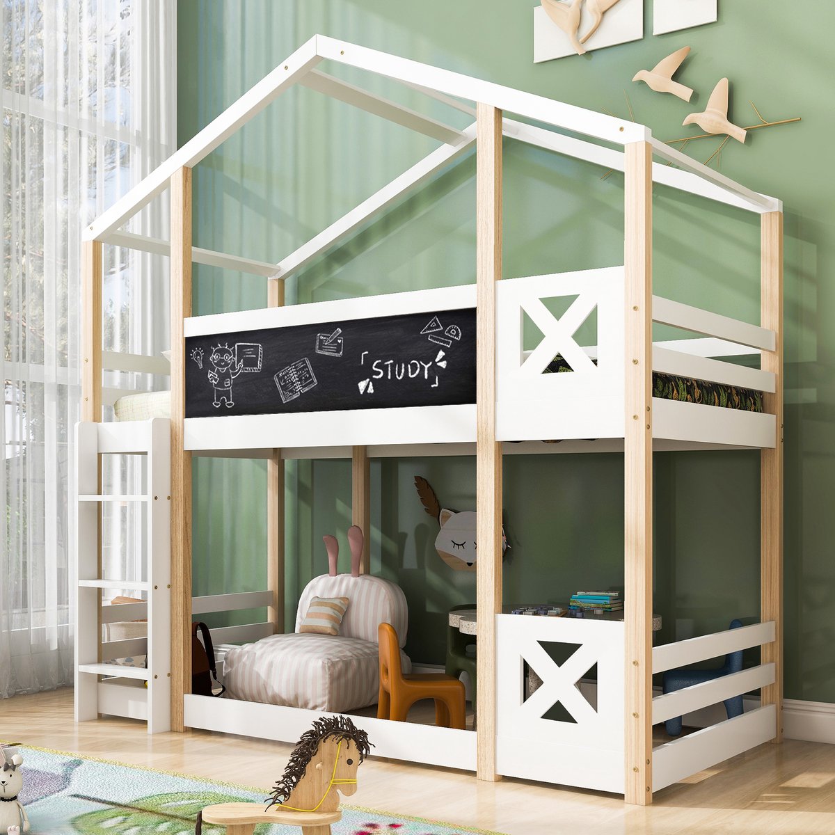 HAUSS SPOLE Kinderbed 90x200 cm - Kinderbedden Huisvorm Met Ladder En Rausfallschutz - Hout - Wit