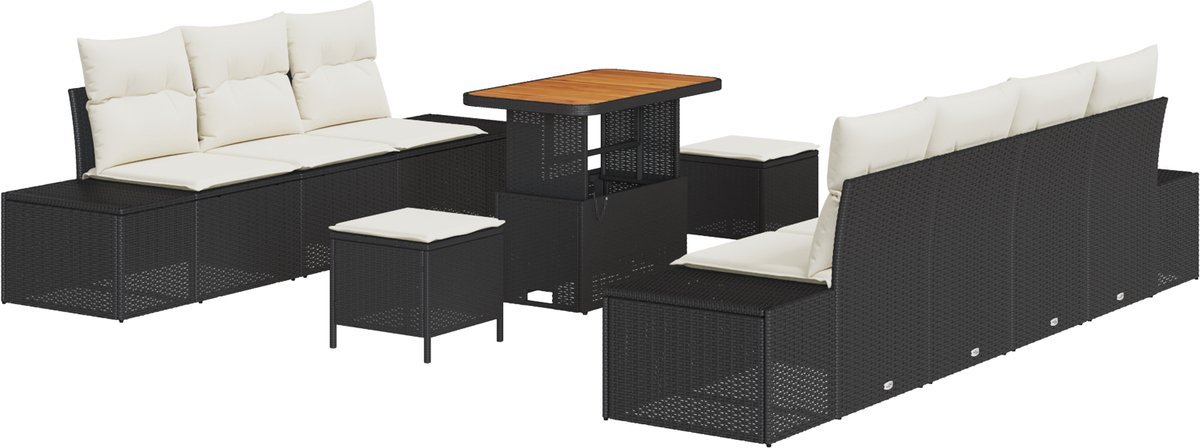vidaXL - Tuinbank - Set - met - kussen - 10 - pcs - Zwart - poly - rattan
