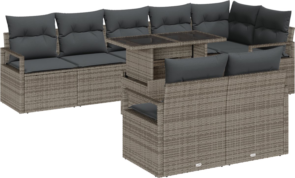 vidaXL - Tuinbank - Set - met - kussen - met - opslag - 9 - pcs - Grijs - Poly - rattan