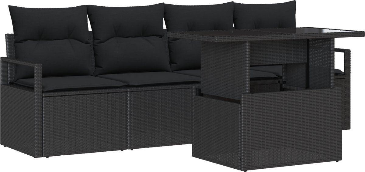 vidaXL - Tuinbank - Set - met - kussen - met - opslag - 5 - pcs - Zwart - Poly - rattan