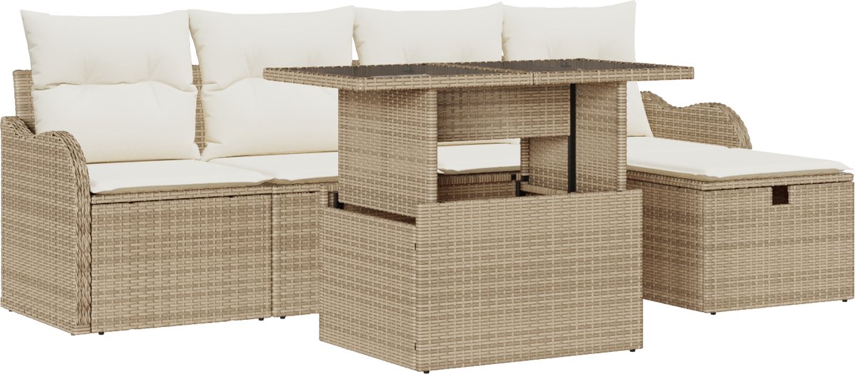 vidaXL - Tuinbank - Set - met - kussen - met - opslag - 6 - pcs - Beige - Poly - rattan