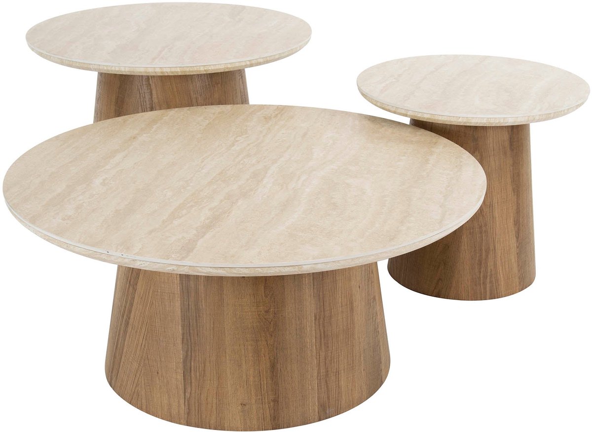 Industrieel In Huis Ceramic Salontafel Rond Set van 3- Bijzettafeltjes Woonkamer - Bijzettafels Rond Beige - Antieke Ronde Tafelset - Salontafel Industrieel Beige - Decoratie Salontafel - Salon Tafel Industrieel & Landelijk - Grote & Kleine Tafel Bruin
