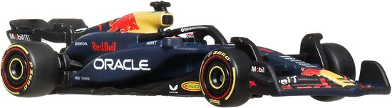 Voiture de course F1 Hot Wheels Oracle Red Bull Racing RB20, bleu foncé, rouge et jaune.