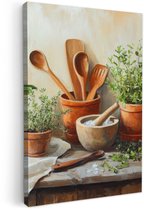 Canvas schilderij 80x120 cm - Exclusieve wanddecoratie Potten - Kruiden - Hout - Muurdecoratie woonkamer - Slaapkamer decoratie - Kamer accessoires - Schilderijen op canvas