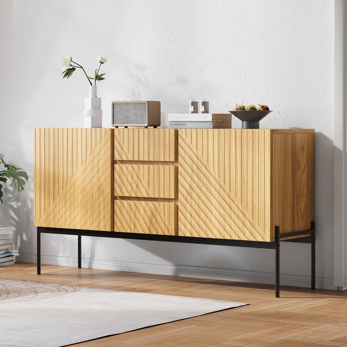 Sweiko Dressoir - Met 2 deuren - 3 laden - Metalen poten - TV-meubel - Natuurlijk