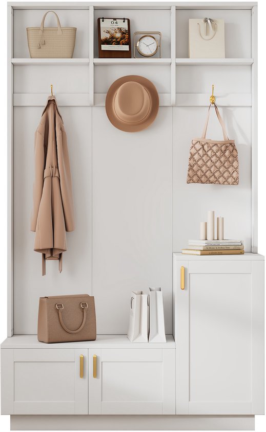 Ensemble de garde-robe Sweiko - Avec banc + étagère à chaussures - 3 crochets - 3 étagères - Wit