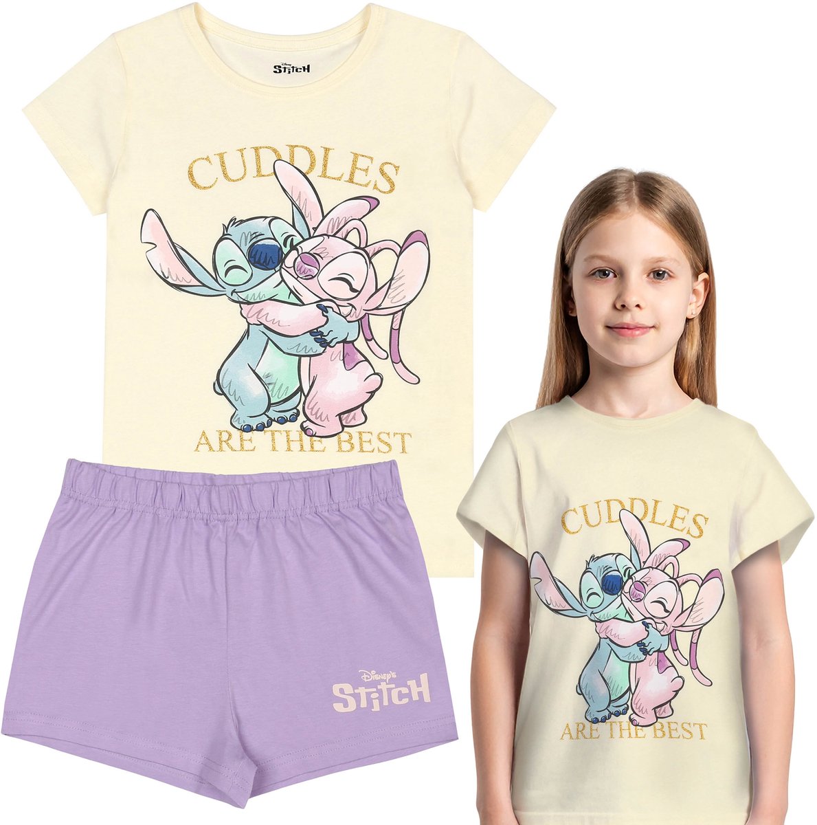 Disney Stitch Angel KATOENEN meisjespyjama met korte mouwen, VOOR DE ZOMER tweedelig, 100% KATOEN, OEKO-TEX Paars