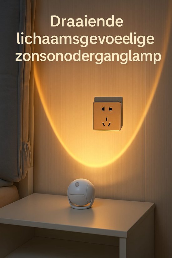 Witte bolvormige nachtlamp op een nachtkastje, projecteert een oranje lichtboog op de muur. "Draaiende lichaamsgevoelige zonsonderganglamp".