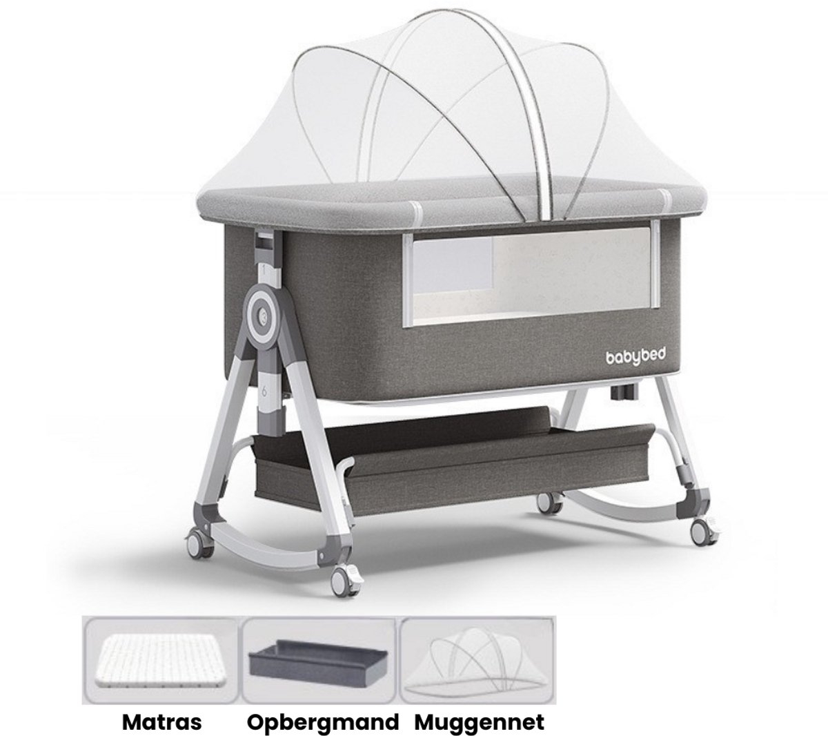 Kaëru® 4-in-1 Multifunctioneel Babybed – Co-sleeper, Vrijstaand Ledikant, Wieg en Reisbed – Verstelbare Hoogte (40–53 cm) – Gemakkelijk op te bergen – Met Muskietennet en Matras – Voor Baby’s tot 36 Maanden (max. 45 kg) – Wieltjes met Rem – Grijs