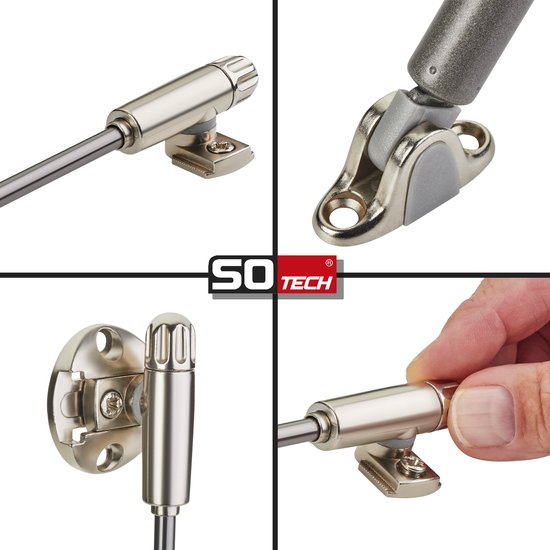 Vier close-ups van een metalen gasveer met bevestigingsbeugels. De beugels zijn zilverkleurig en hebben grijze kunststof onderdelen.