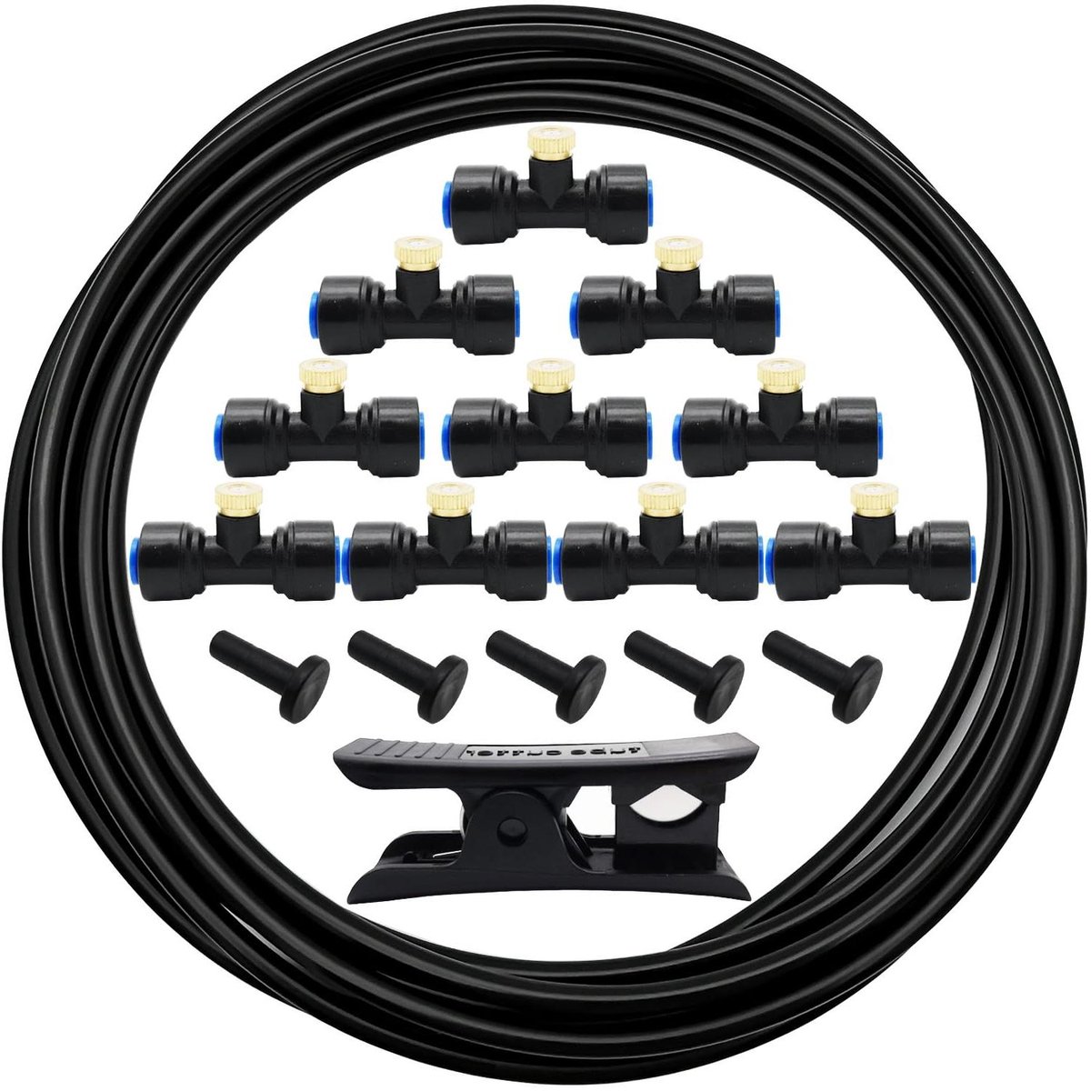 Allecto Plus - Waternevelsysteem voor verkoeling in de tuin - Complete set met 5m slang, 10 nevelsproeiers, 10 nevelzittingen en 5 eindstoppen (zwart)