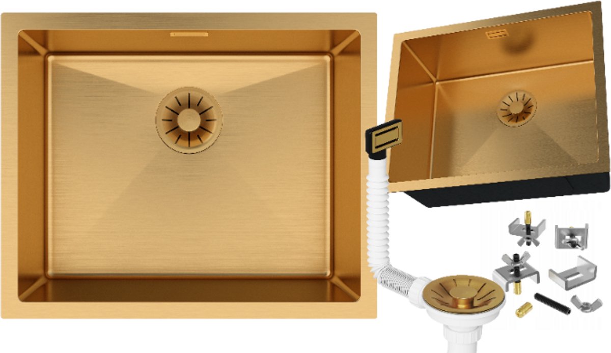 Granitan Spoelbak Keuken RVS Silvo54 - Spoelbakken Keuken Goud met Sifon - Wasbak Keuken - 54x44cm
