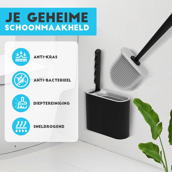 SAVEGA - Roestvrijstalen siliconen toiletborstel - toiletborstel met discrete houder - Hoogwaardige wc-borstel met spatbescherming - antibacteriële borstelhouder (Grijs