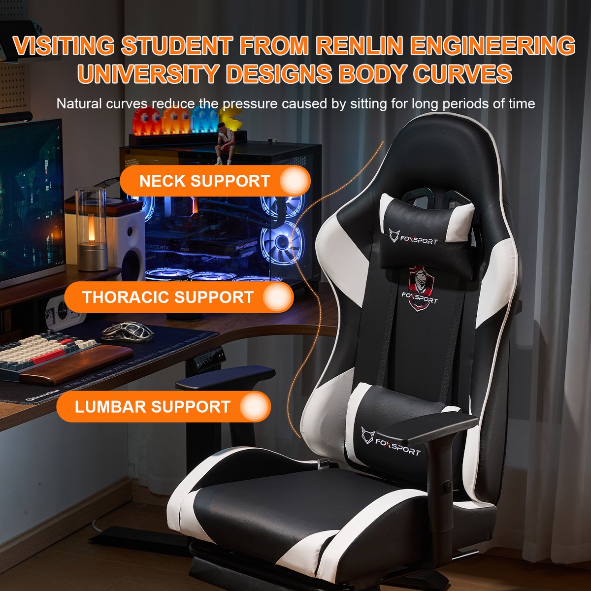 OFMOTRA Gamestoel Ergonomisch Zwart met Voetsteun - afbeelding 2