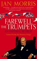Boekomslag met de titel 'Farewell the Trumpets' en een portret van Winston Churchill op een rode achtergrond, met Britse vlaggen bovenaan.