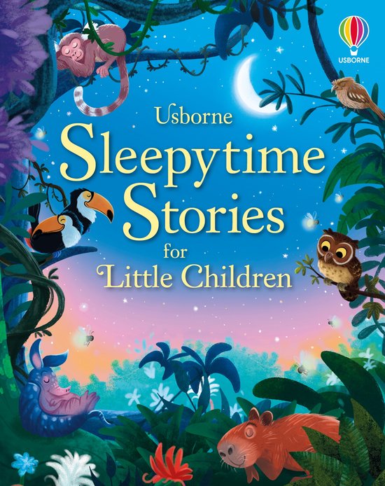 Usborne Sleepytime Stories for Little Children-prentenboek met een nachtelijke jungle met een aap, toekan, uil, capibara, wasbeer en maan.