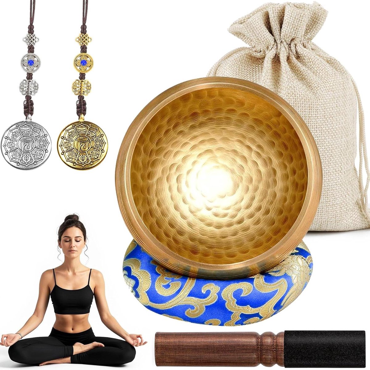 Meditatie Zingende Kommen voor Hart Chakra - Handgeslagen - Set met Klopper en Kussen