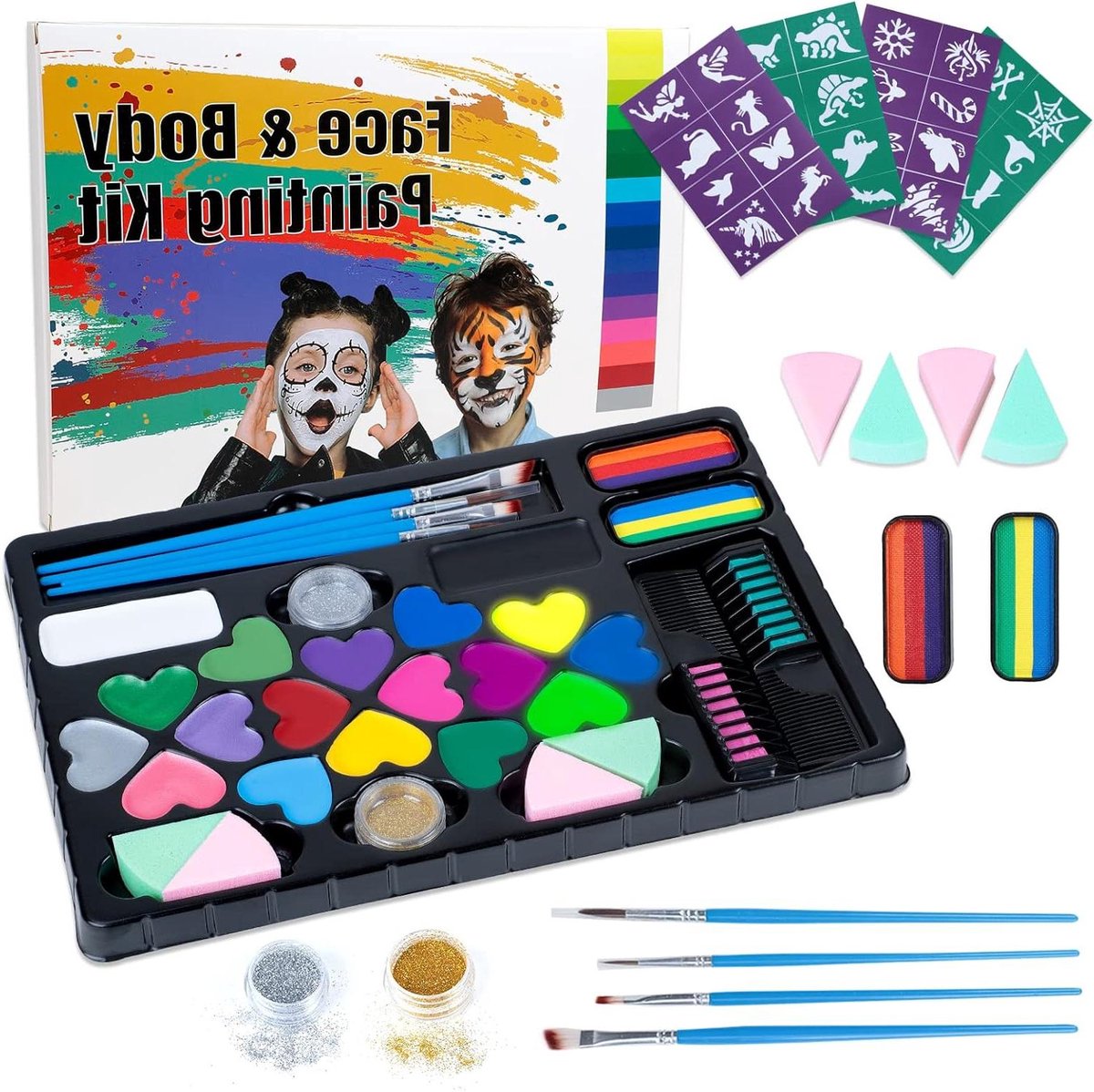 Allecto Premium - Kinderschminkset: gezichts- en lichaamskleuren, sjablonen, haarkrijtjes, glitters, sponzen en penselen - Professioneel en Veelzijdig - Voor Kinderen en Volwassenen