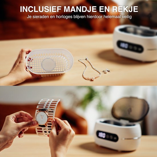 Witte mandjes voor de ultrasone reiniger, voor het veilig reinigen van sieraden en horloges.