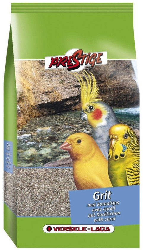 Verpakking met Prestige Grit voor vogels, met afbeeldingen van een gele kanarie, valkparkiet en grasparkiet.