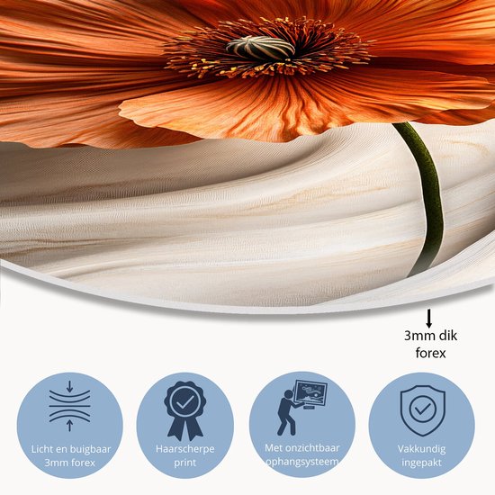 Gedetailleerde oranje papaverbloem - Bloem schilderij rond - Wandschalen papaver - Hyperrealisme - Muurcirkel Forex - Muurkunst aanbrengen - Muurcirkel forex 80x80 cm