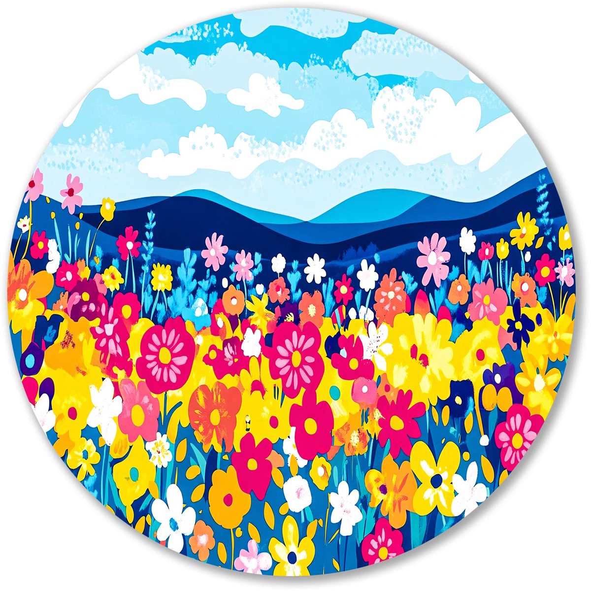 Kleurrijk bloemenveld met blauwe lucht - Bloemen muurcirkel - Wandobject rond natuur - Pop Art - Forex schilderij - Stijlvolle kantoorinrichting - Muurcirkel forex 100x100 cm