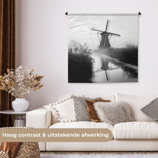 Wandkleed 90x90 cm - Wanddoek Molen - Weerspiegeling - Landschap - Water - Wandtapijt - Wandkleden